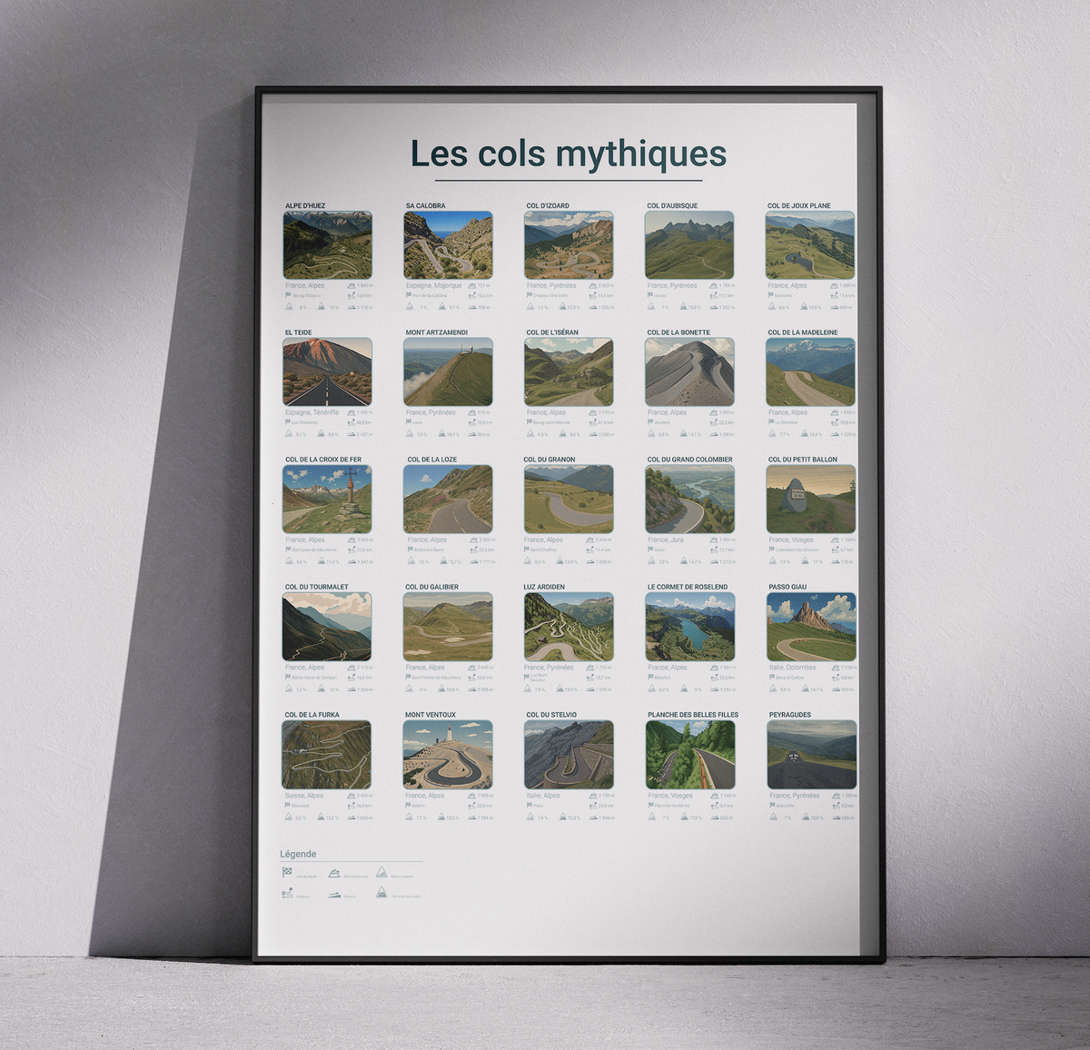 Poster “Les cols mythiques” – affiche cyclisme, poster col de montagne, décoration sport, cadeau pour cycliste