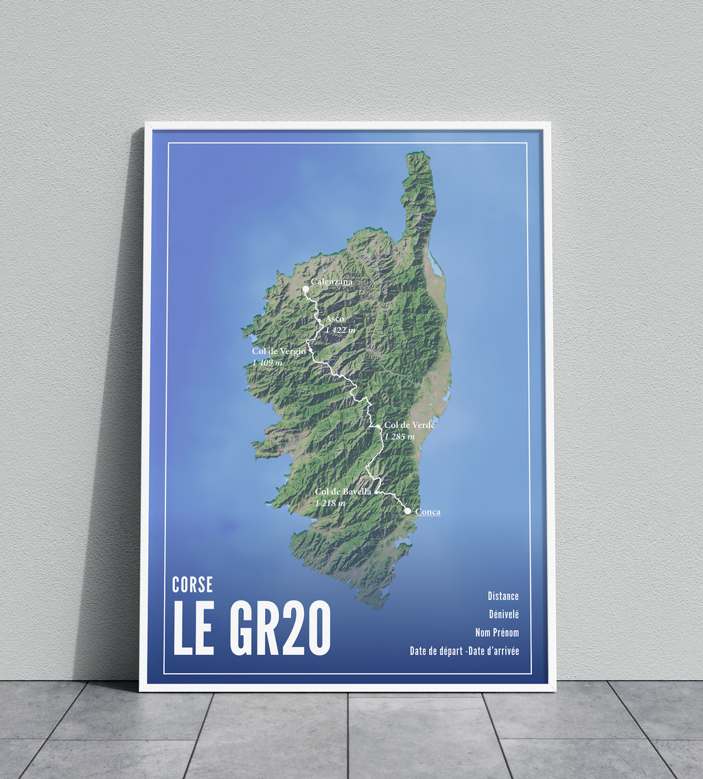 Affiche GR-20 (Corse) – Poster Itinéraire & Étapes | Design 2025 | Wall of Fame