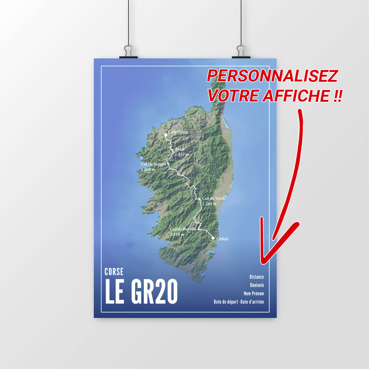 Affiche GR-20 (Corse) – Poster Itinéraire & Étapes | Design 2025 | Wall of Fame